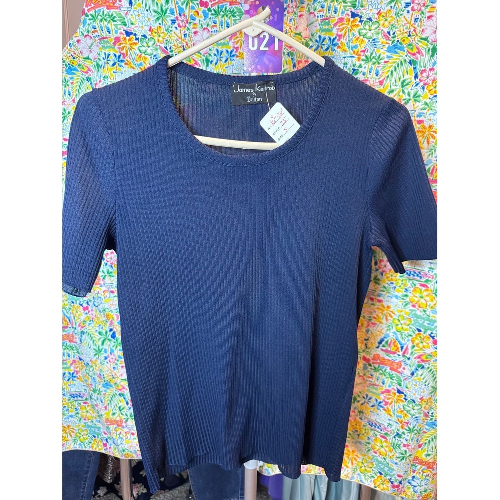 021 James Kenrob by Dalton Vintage Navy Blue Ribbed Knit Scoop Neck Top Small